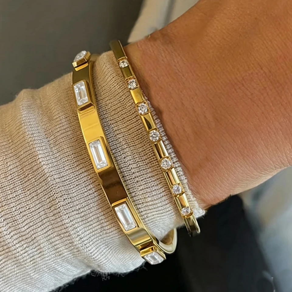 Yupsk 2-teiliges Set Stapelbare Edelstahl-Armbänder für Frauen Geometrische Quadratische Rosa Grüne Zirkon-Armreifen Wasserdichter Schmuck Geschenk – Detail 4