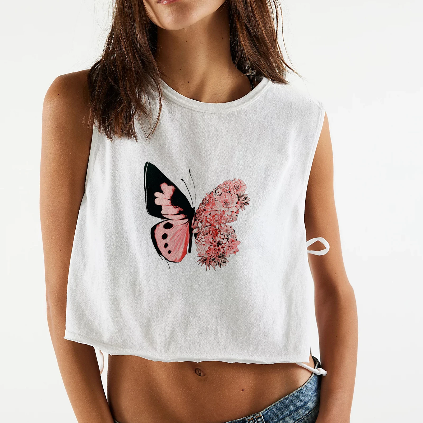 

Cute Butterfly Graphics Sexy Side Hollow Lace-Up Sleeveless Crop Tops Women's Loose Casual Round Neck Short Tank Tops New Summer