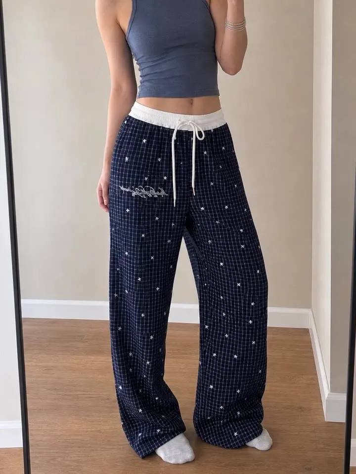 Sporty Plaid Casual Pants Women's Embroidered Lettering Contrast Color Waist Drawstring Straight Leg Pants Glitter Design