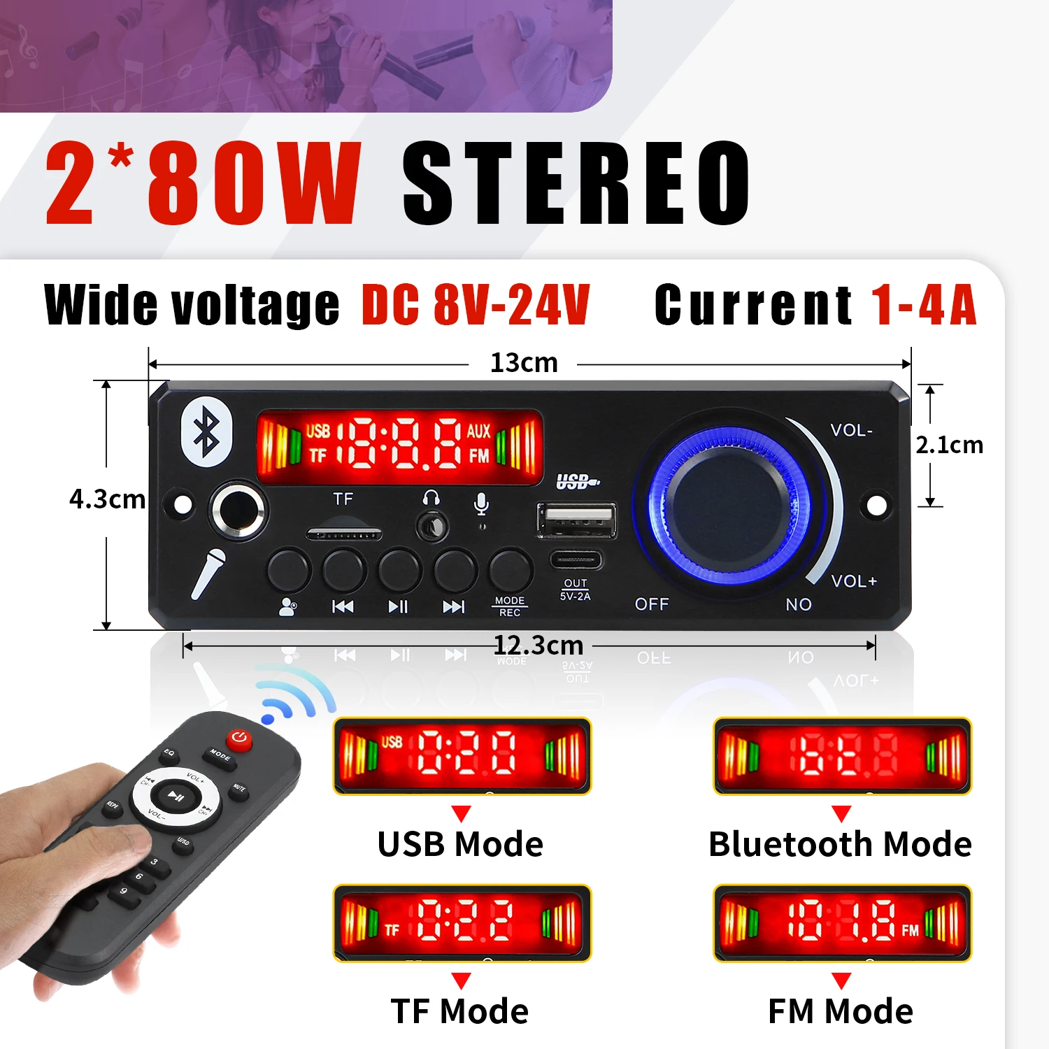 160W Amplifier Bluetooth MP3 WMA APE Decoder Board 12V 80W Handsfree Car Audio Microphone USB TF FM Radio DIY Mp3 Music Player