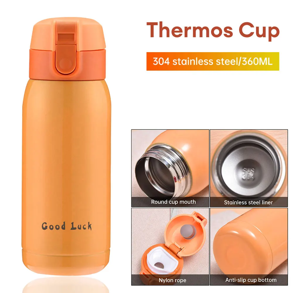 360ML Thermos Cup Bouncing Cover Pocket Cup Stainless Steel Thermal Coffee Mug Vacuum Flask Insulated Hot Water Bottle Kids Gift