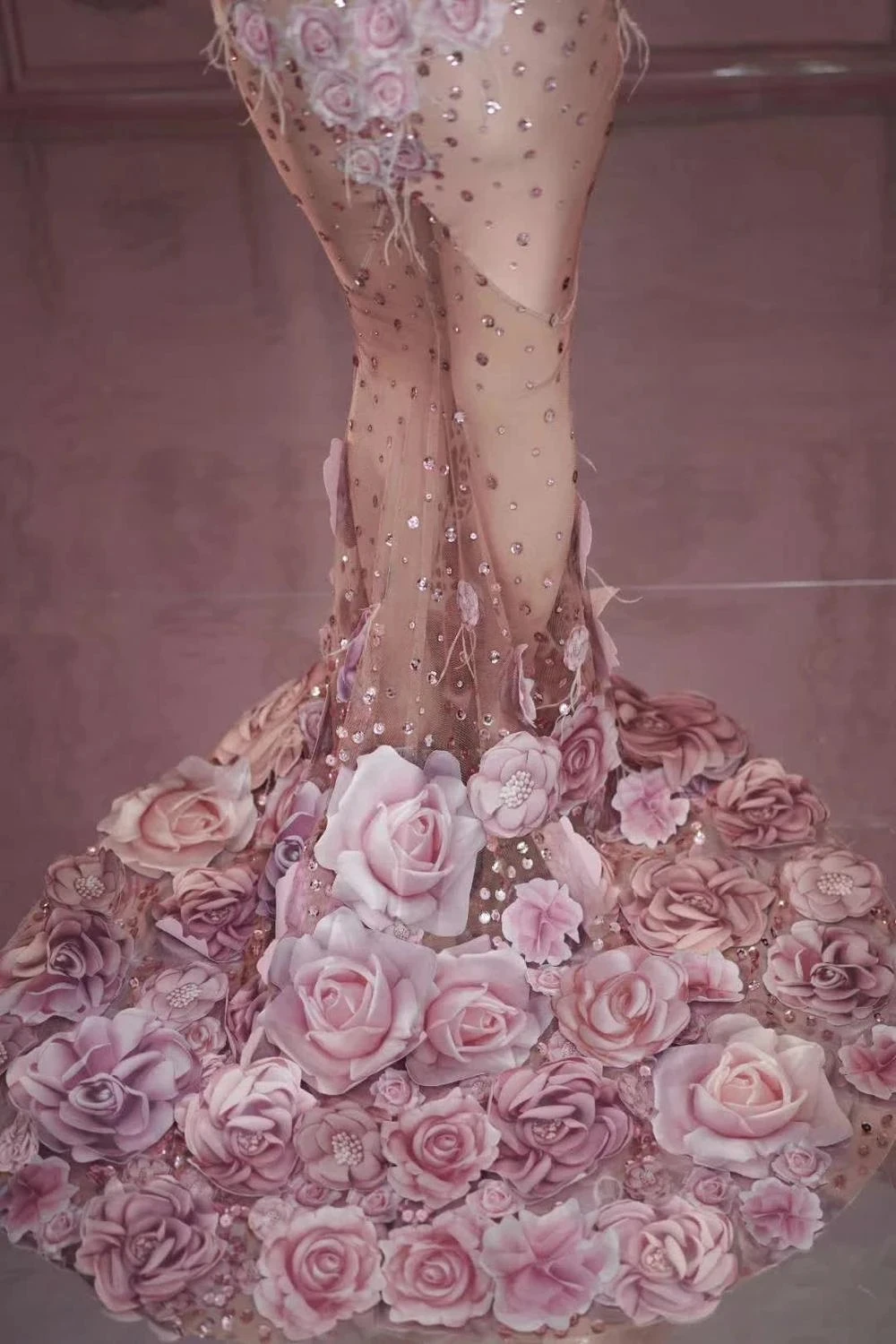 Vestido largo transparente con estampado 3D de flores rosas para mujer, traje de fiesta de cumpleaños con malla elástica, Sexy