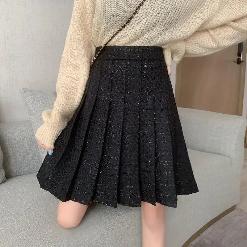 

plus Size Autumn Winter Bla Woolen Skirt Women's Midi Pleated High Waist Slimming College Sle Thi Tweed A-Line Skirt