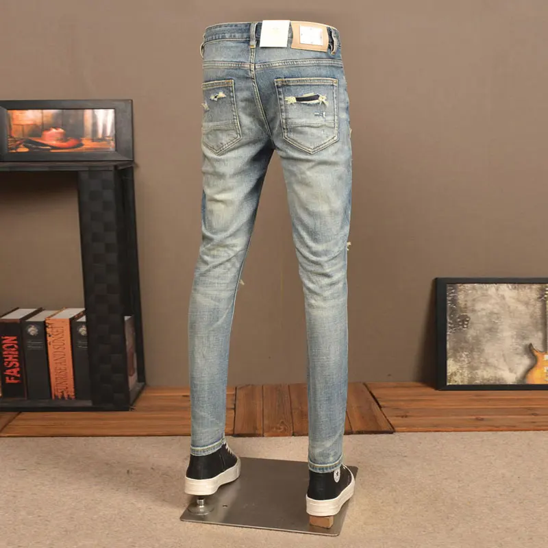 High Street Fashion Men Jeans Retro Washed Blue Stretch Slim Fit Ripped Jeans Men Vintage Designer Denim Pants Hombre