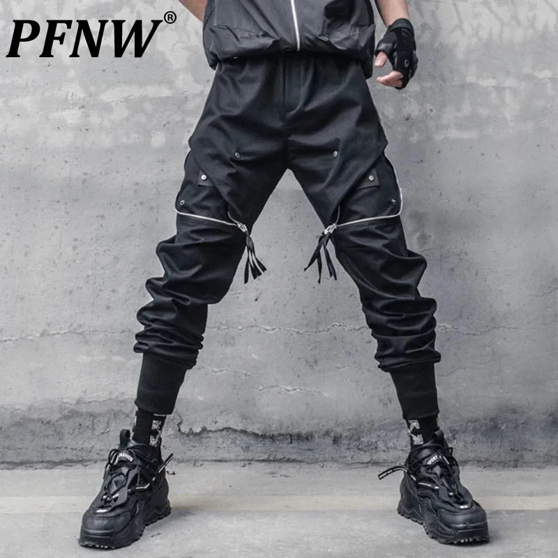 

PFNW Dark Design Men's Casual Pants Chic Zippers Patchwork Loose Straight Leg Solid Color Elastic Waist Drawstring New 12C643