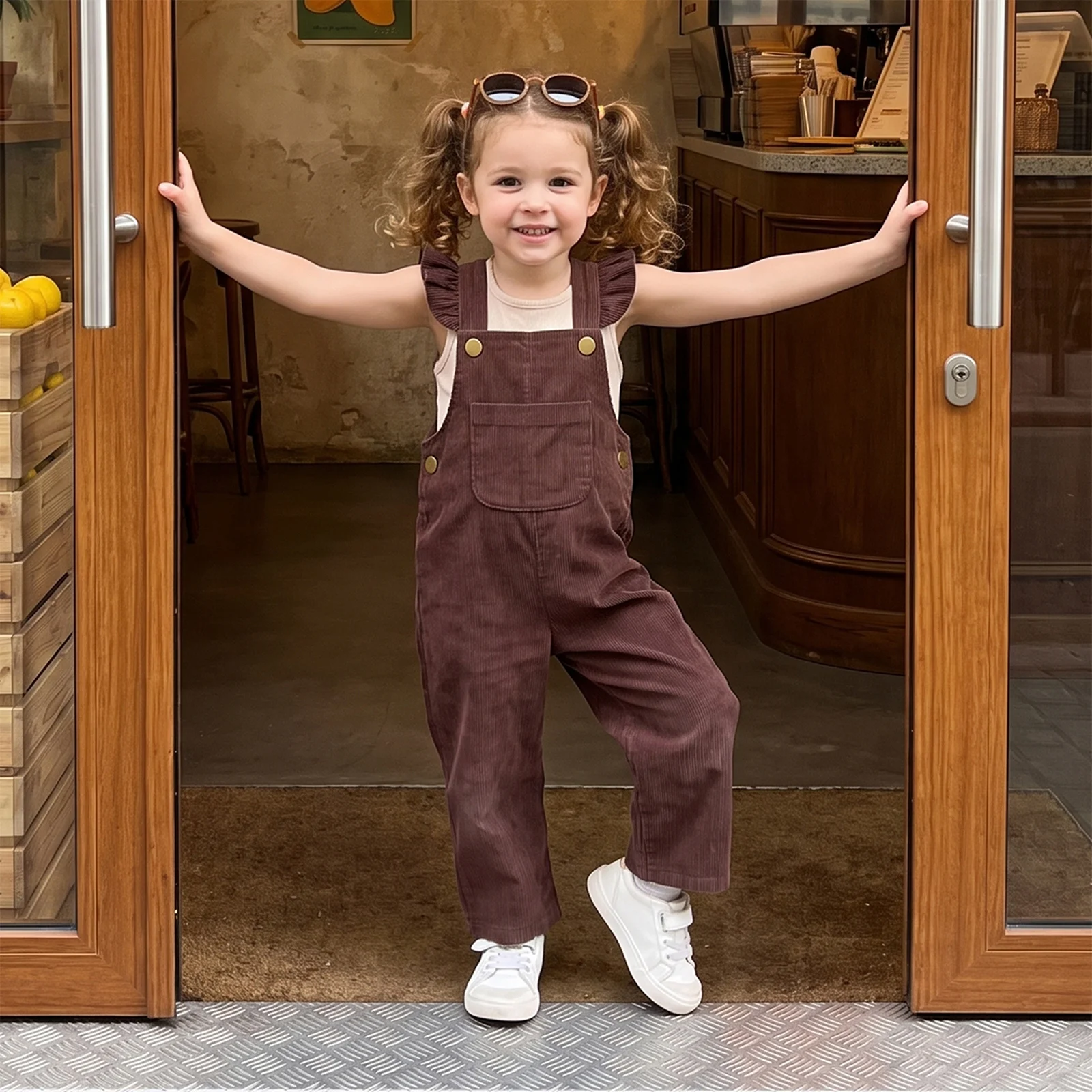 0-5Y Little Girls  Ruffles Overalls Solid Color Corduroy Fly Sleeve Suspender Pants Sleeveless Jumpsuits