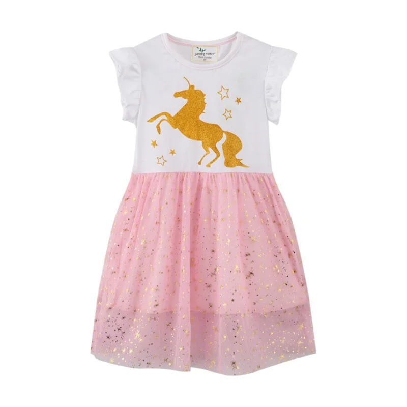 

Jumping Meters 2-7T Summer Unicorn Beading Mesh Princess Party Girls Dresses Short-Sleeve Toddler Tutu Birthday Wear Cute Frocks