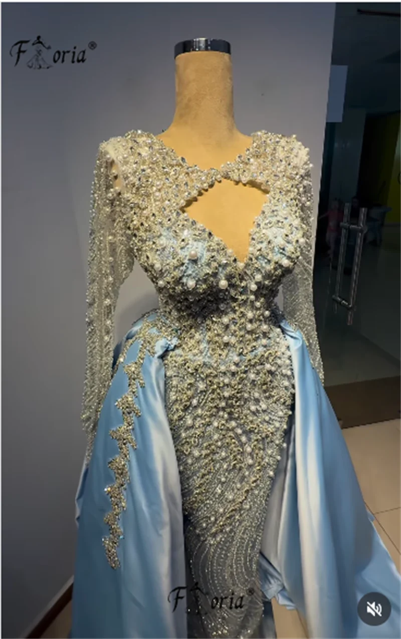 فستان سهرة أنيق بحورية البحر مزين بالخرز الكامل مع تنورة قابلة للفصل باللون الأزرق واللؤلؤ الكريستالي في دبي للحفلات الراقصة رداء السهرة لحفلات الزفاف