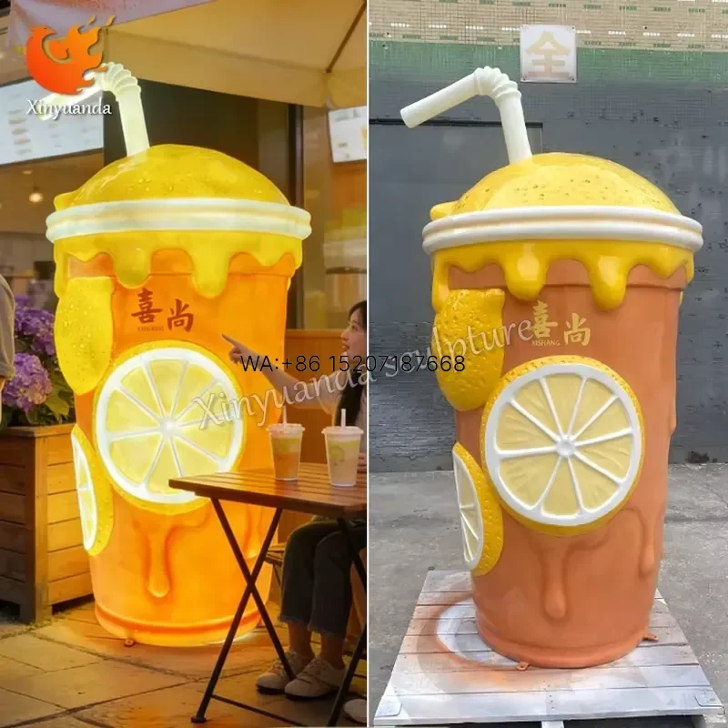 Wmwmnu for Light Lemon Fiberglass Milk Tea Cup Sculpture Oversized Outdoor Landmark for Bubble Tea Shops Attracting Foot