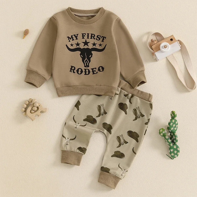 Baby Autumn Clothing Sets Toddler Boy Clothes Long Sleeve Letter Cow Head Print Sweatshirt Elastic Waist Pant 2PCS Outfits