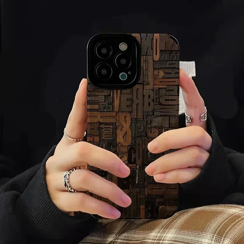 Retro Wooden Blocks Leather Phone Case For Funda iphone 15 14 12mini 11 13 Pro 15Pro 14Pro Max Cover For iphone 16 17 Air Coque