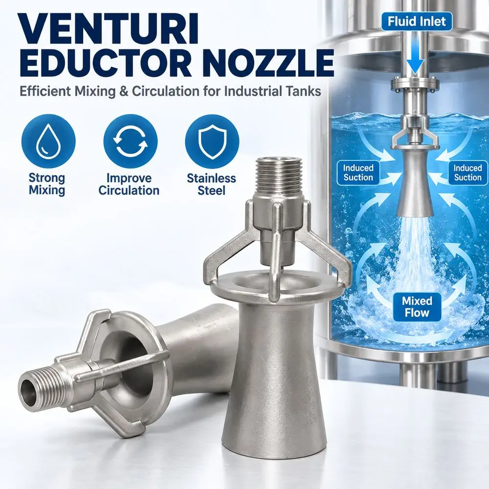 Stainless Steel Venturi Mixing Nozzle Bell Mouth Male Threaded Tank Mixing Eductor Venturi Mixing Open Frame Structure
