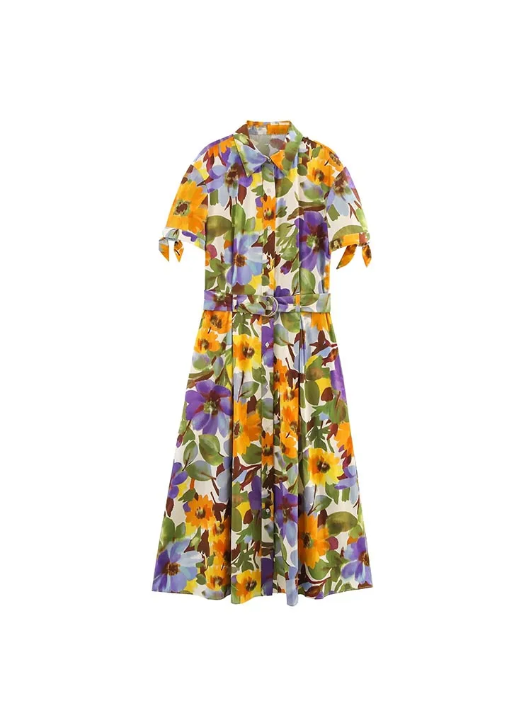 2025 Vrouwen Zomer Shirts Jurk Vintage Print Bloemen Korte Mouw Poplin Vrouwelijke Elegante Straat Jurken Kleding