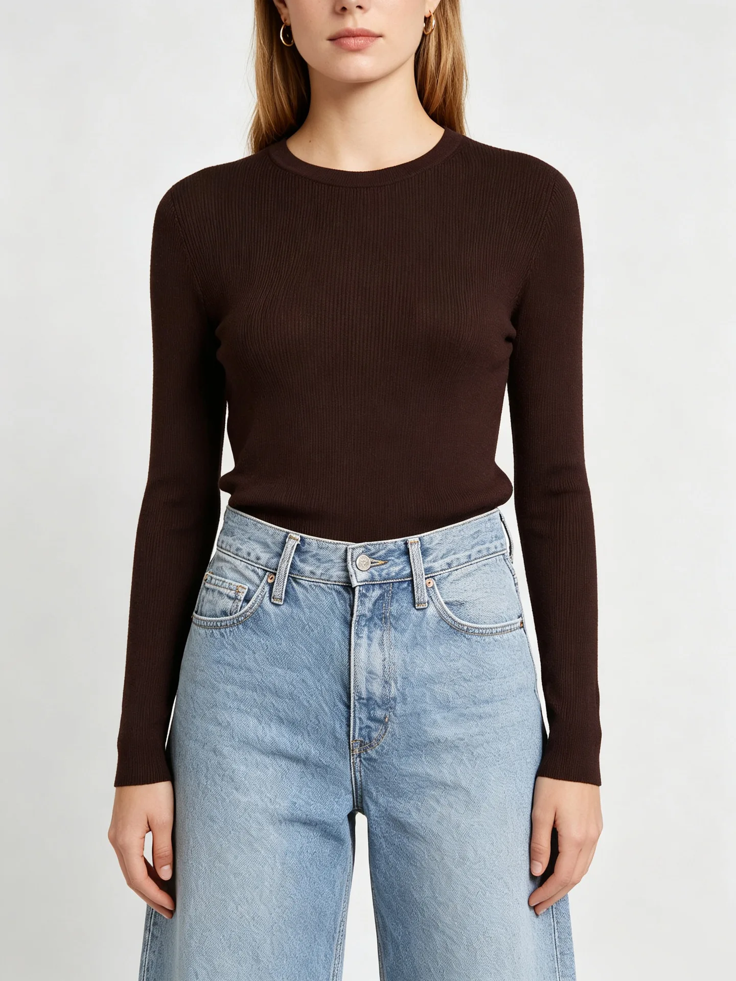High-End Knitted Long Sleeve round Neck Base Shirt Women's Slim Fit Autumn Winter Deep Brown Vertical Stripes Fashion Top