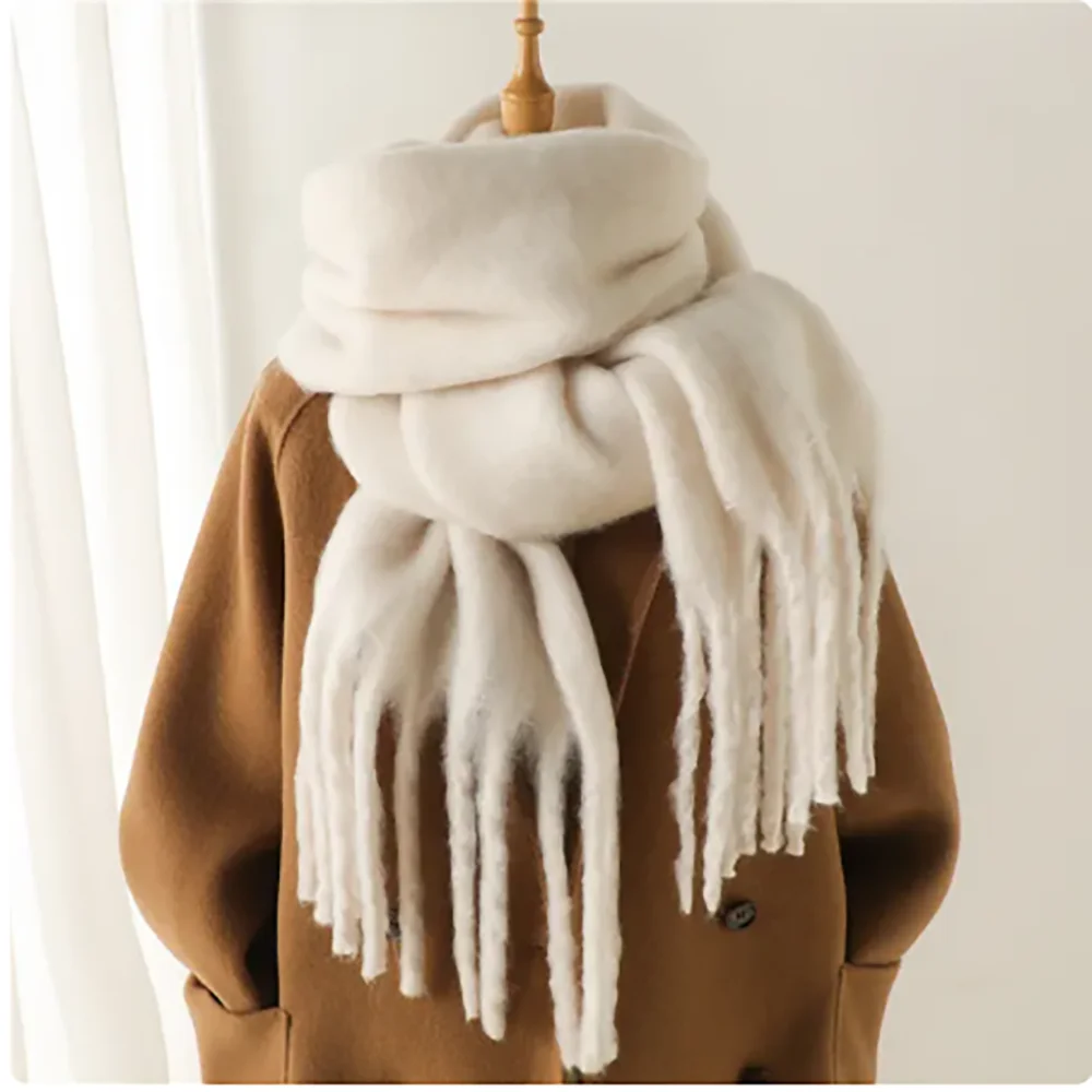 Szalik zimowy kobiety luksusowe jesienne zimowy szalik kaszmirowy zagęszczony ciepły szal klasyczny frędzle puszysty szalik jednolity kolor miękki szal