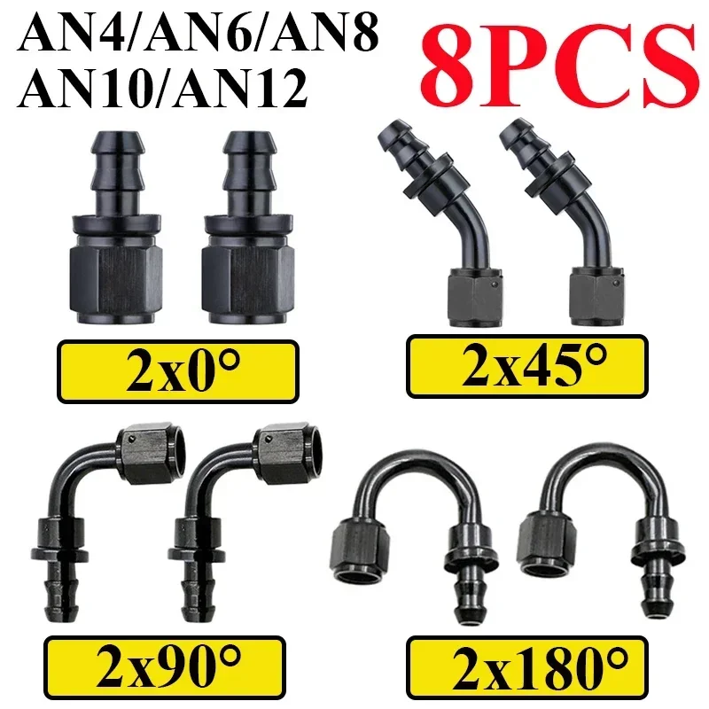 

8Pcs AN4 AN6 AN8 AN10 AN12 Push-on Hose End Fittings Fuel Oil Cooler Hose Fitting 0 45 90 180 Degree Reusable Connection Adapter