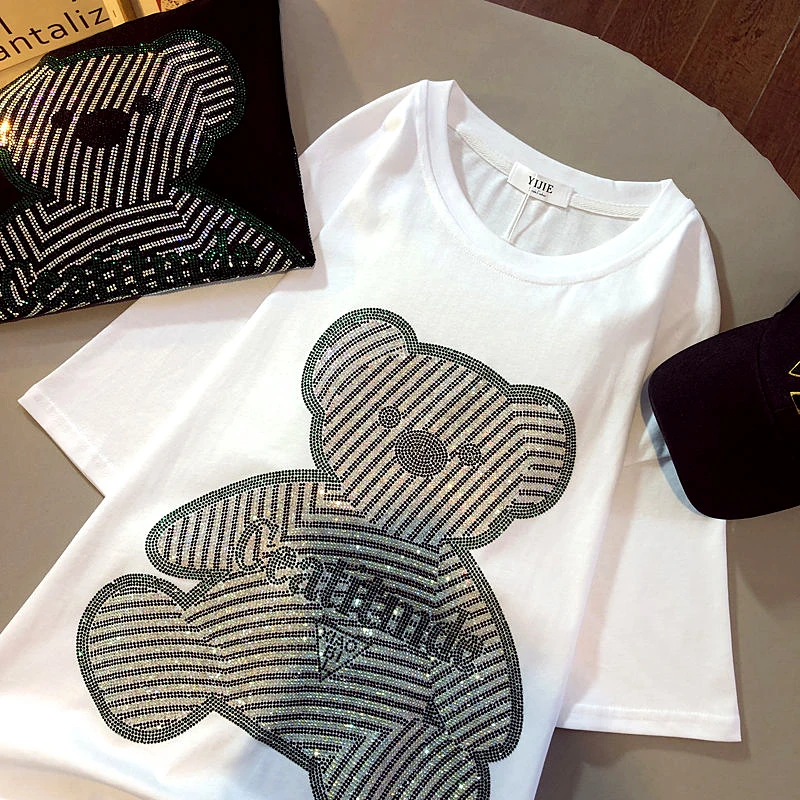 Vintage Crystal Diamonds Cartoon Cute T Shirts Women Girl Kawaii Oversized Tops Korean Fashion Summer Cotton Black White Clothes