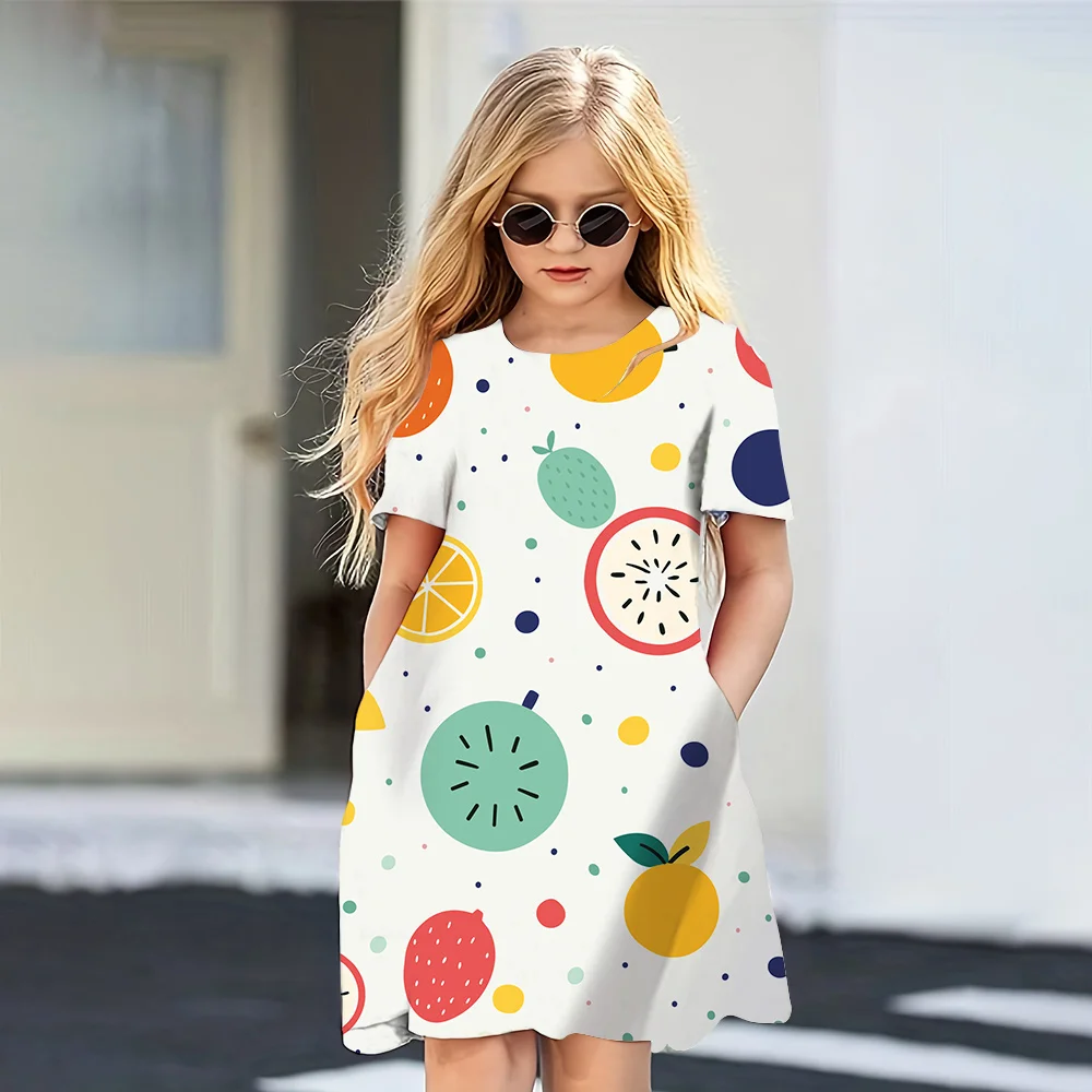 2024 Summer Dress Girls Cute New Hawaii Style 3D Printed Dresses Girls Party Short Sleeve Casual Princess Dress Girls Clothing