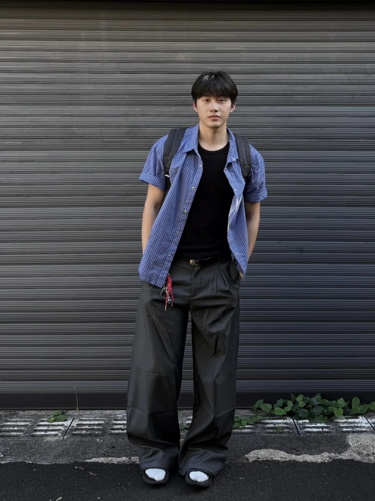 韓国ロイヤルブルーチェック柄ドローストリングデザイン半袖シャツユニセックスサマーバーサタイルボックスワイドトップミュウスタイルポロカラープルオーバー