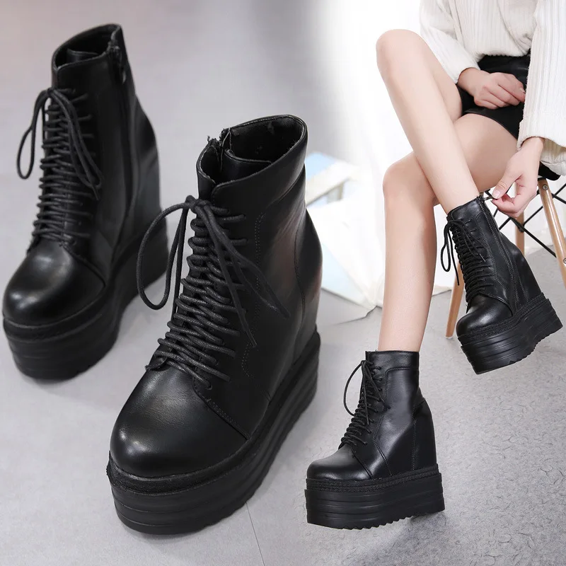 14cm Ultra High Heel Short Boots Inner Height Increase Thick Sole Women Autumn Winter Shoes Black Lace Up Wedges Botas Mujer