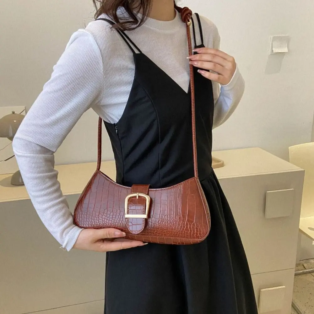

Vintage Half-moon Underarm Bag Stone Pattern Handbag PU Leather Shoulder Bag French Style Large Capacity Rectangle Armpit Bag