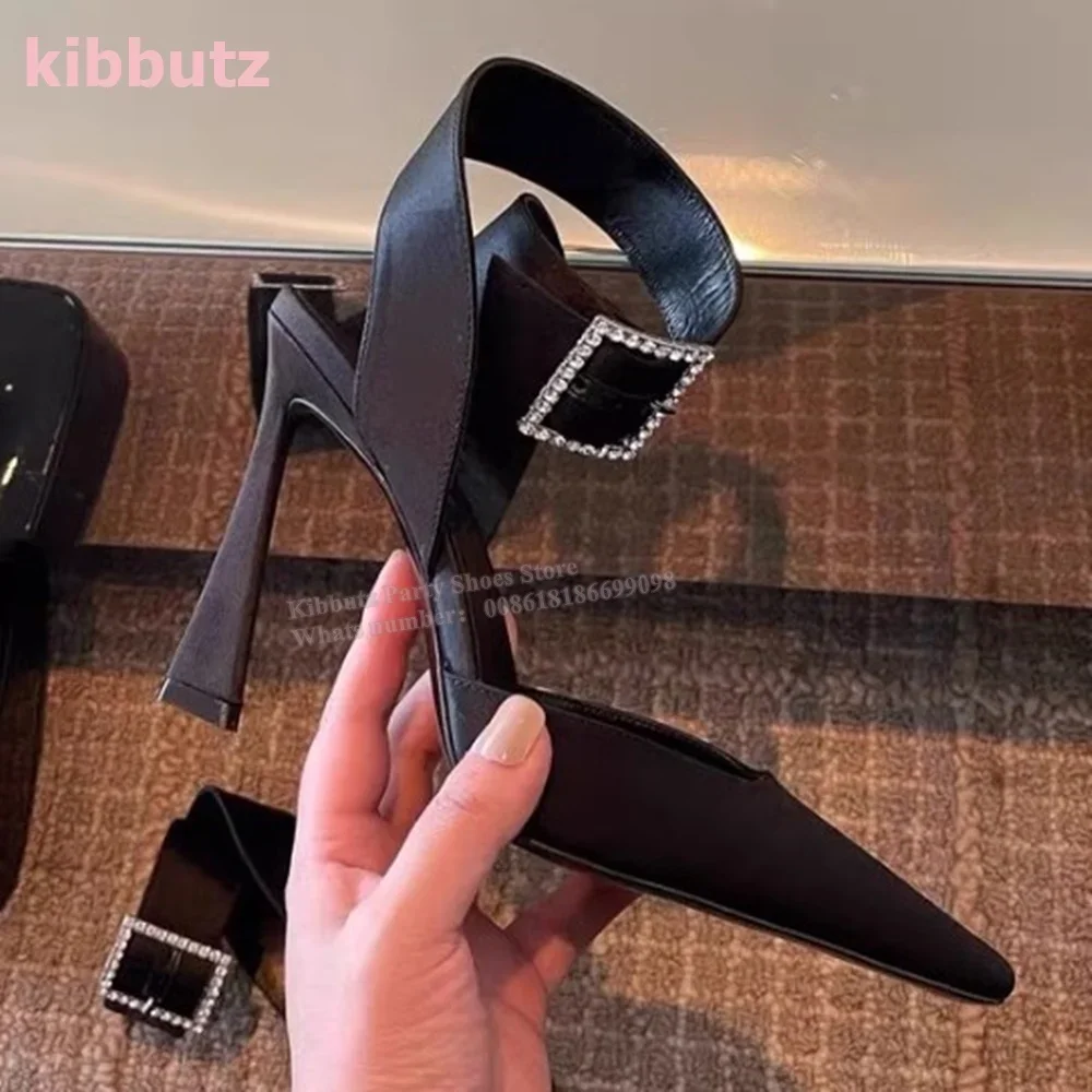 Satin Belt Buckle Pumps Glossy Pointed Toe Kitten Heel Solid Color Black Ankle Strap Fashion Elegant Sexy Luxury Women Shoes New