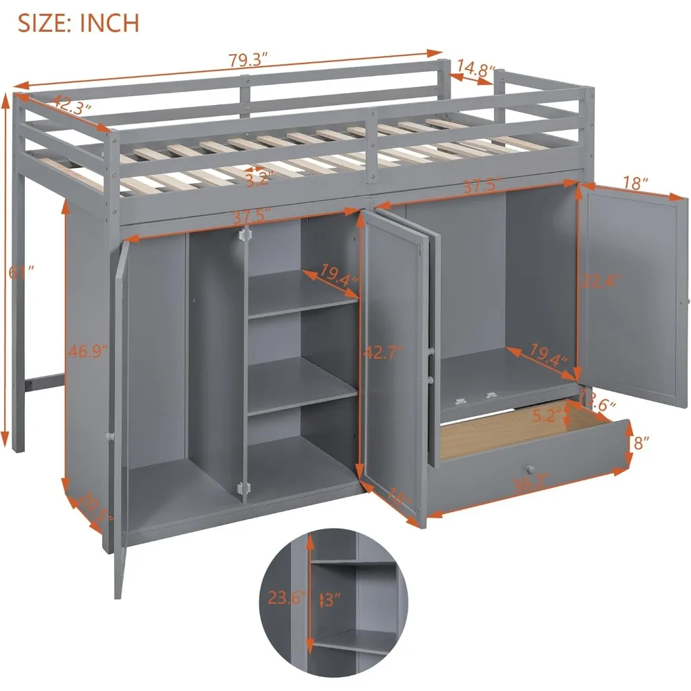 Twin Size Wood Loft Bed with Drawer,Two Wardrobes, and Mirror, Wooden Bedframe Ladder Safety Guardrail for Boys Girls Adult,Grey