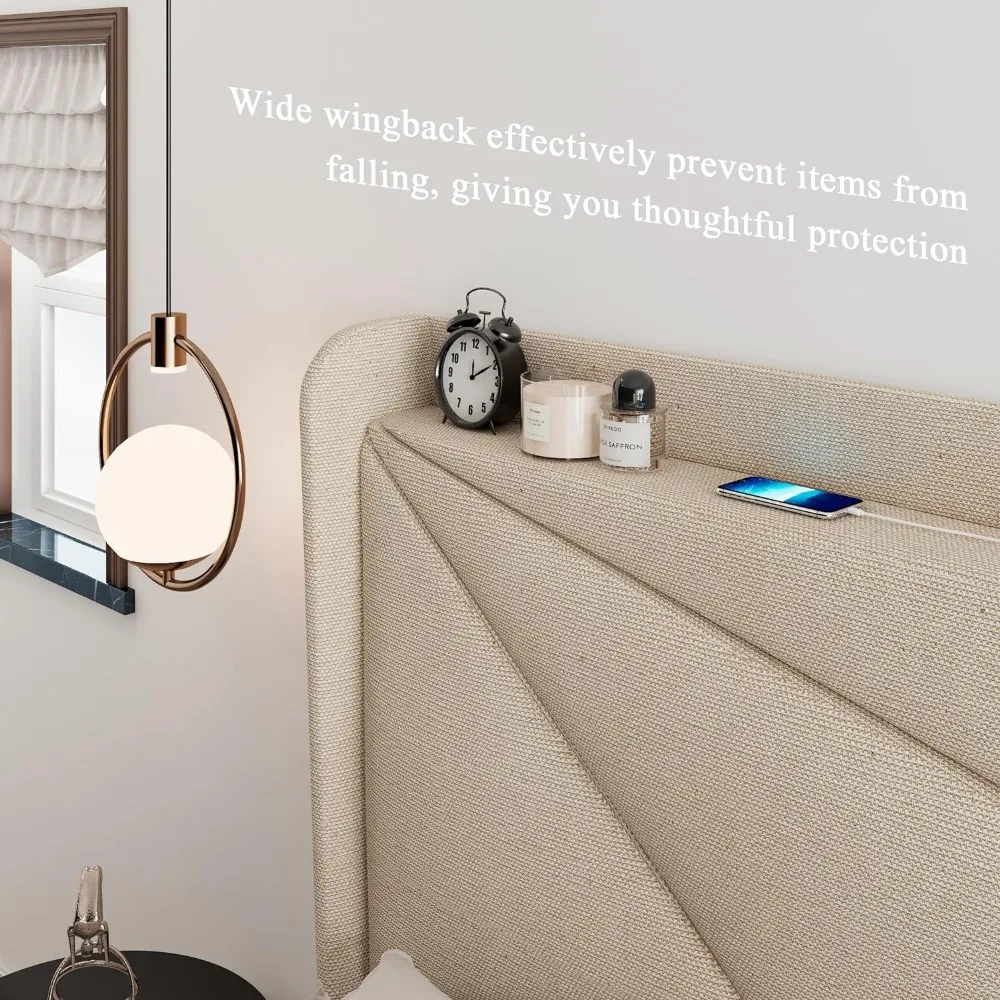 King Bed Frame, Upholstered Platform Bed Frame with Type-C&Ports, Wingback Shelf, Solid Wood Slats Support, No Box Spring Needed