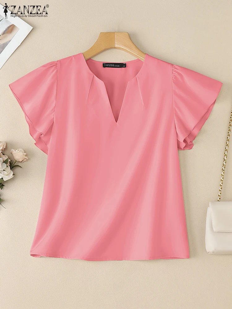 ZANZEA Elegant Office Lady Tunic เสื้อฤดูร้อนเสื้อผู้หญิง V คอแขนสั้น Blusas ลําลองทํางาน OL Tops