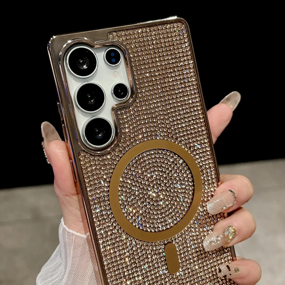 YPM5LuxursShiny Glitter Rheinstone plateado TPU funda de teléfono magnética para Samsung Galaxy S24 S23 S25 Ultra Back cubierta dura anticaída