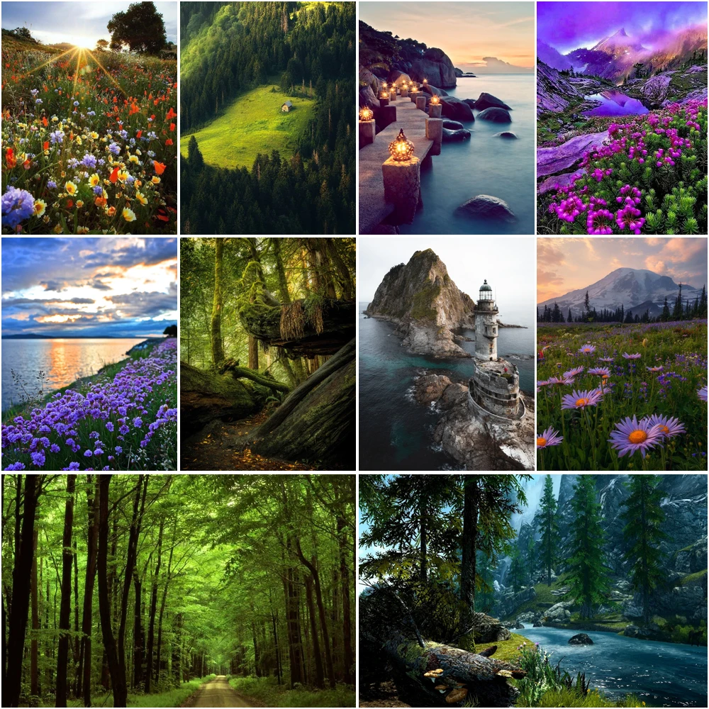 Landscape 5D Diamond Painting DIY Floewrs Grassland River Mosaic Round Diamond Embroidery Room Wall Decor Rhinestone Painting