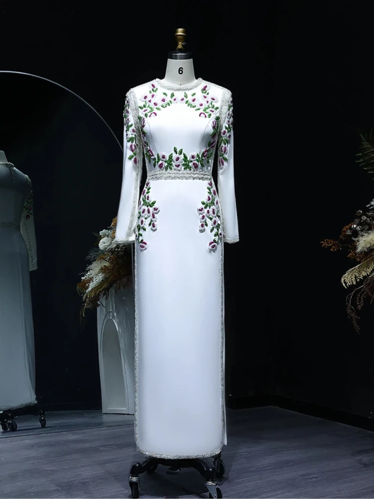 Sharon Said élégant blanc brodé flore dubaï robes de soirée manches longues musulman pour robes de fête de mariage SS541 personnalisé