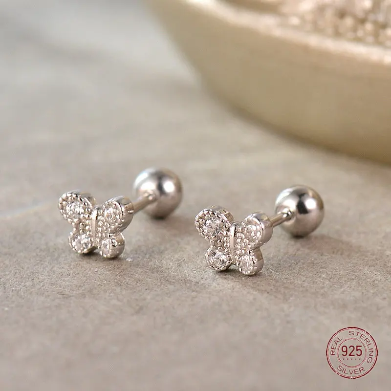 

925 Sterling Silver Zircon Butterfly Stud Earrings for Women Animal Accessory Screw Small Earring Girl Party Jewelry Pendientes