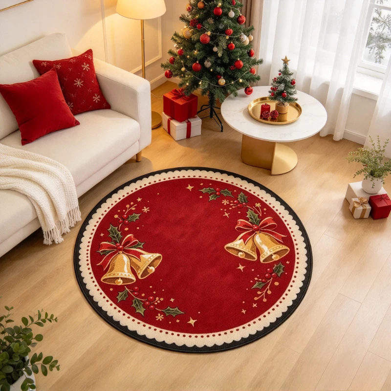 Christmas Entryway Round Decorative Floor Mat Retro Christmas Style Balcony Study Carpet Holiday Atmosphere Living Room Decorative Mat Red Bottom Golden Bell Bedroom Bedside Carpet Holly Leaf Christmas Bay Window Carpet