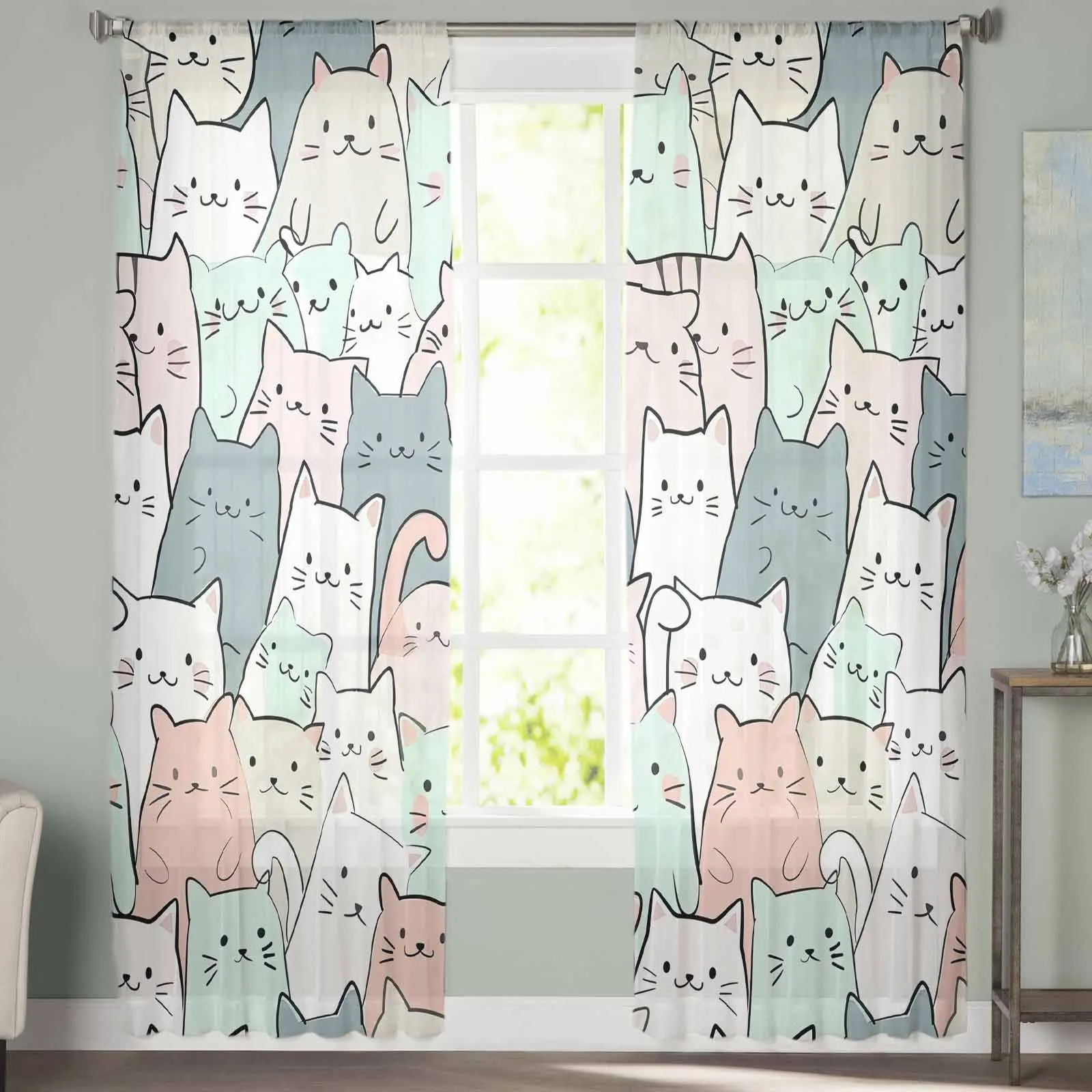 Cat Line Arrangement Hand Drawn Tulle Curtains For Bedroom Home Decor Living Room Kitchen Voile Curtains For Blind