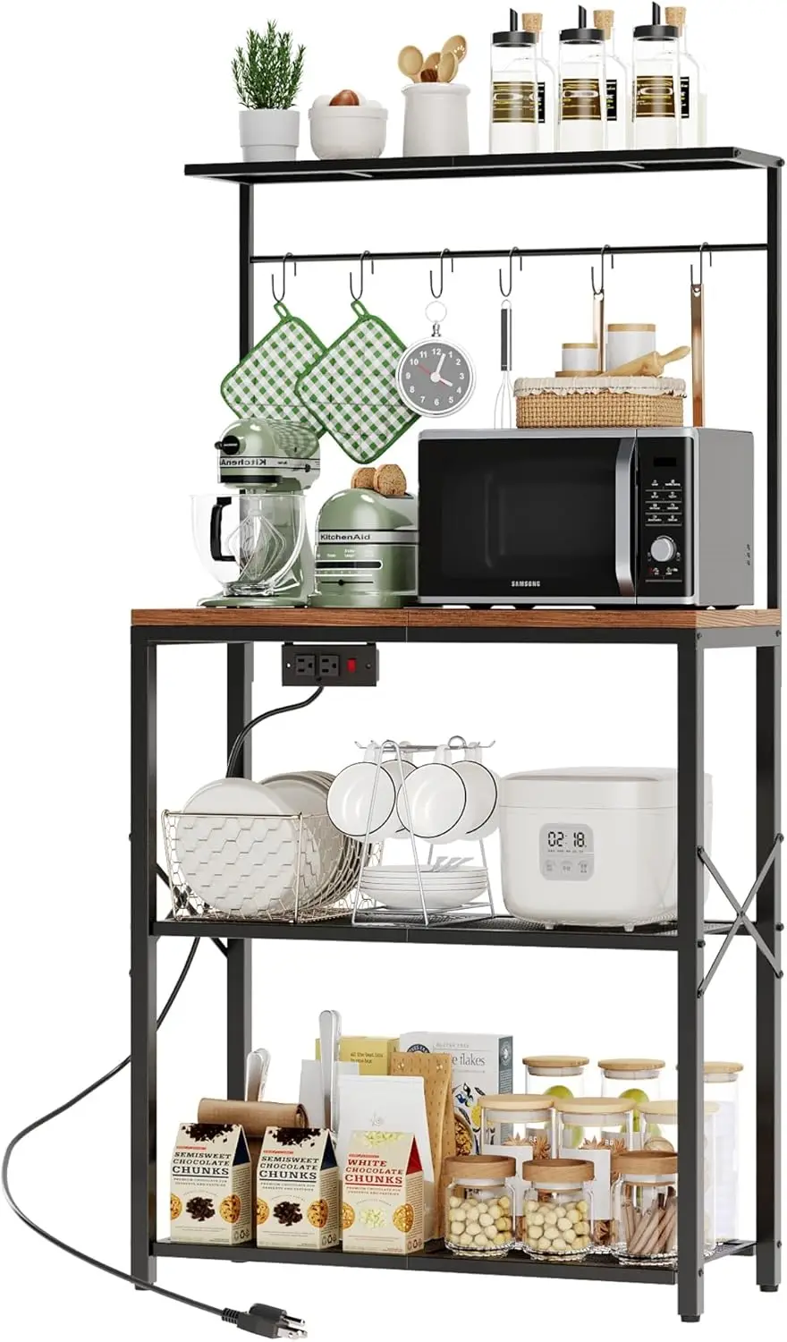 

Coffee Bar Table 4 Tiers, Microwave Stand with 6 S-Shaped Hooks, Kitchen Storage Shelf Rack for Spices