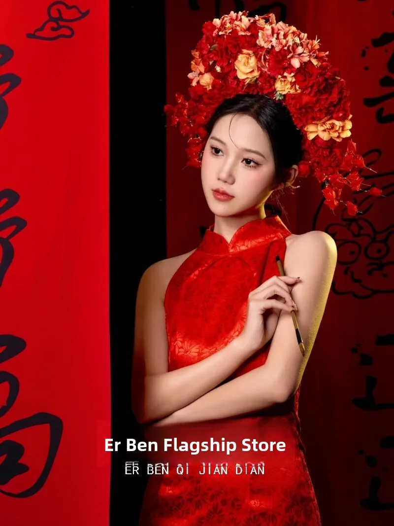 

Красная заколка для волос с цветочным узором, костюм для фотосессий, одежда для студийной и туристической фотографии, традиционная китайская женская мода