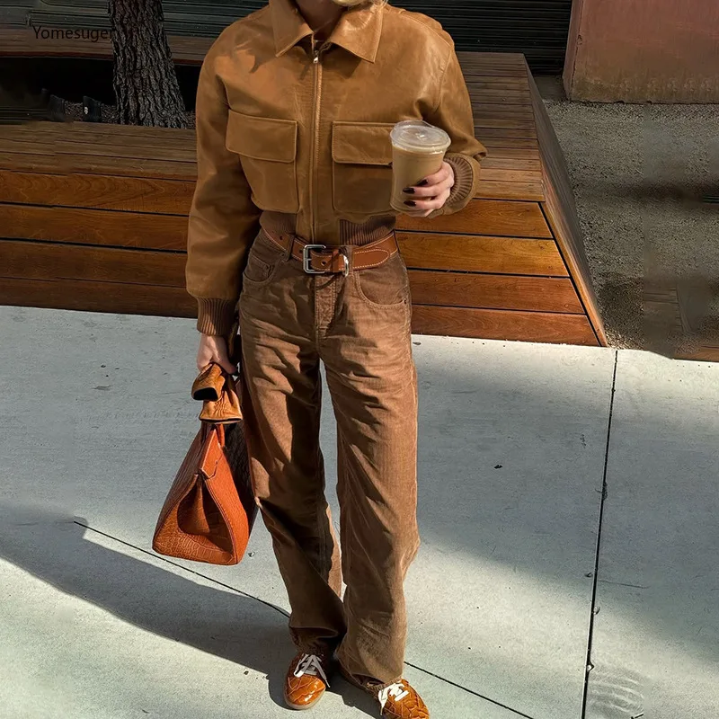 

Yomesugar 2022, осенняя женская укороченная куртка из искусственной кожи, модное облегающее пальто с воротником с лацканами и длинными рукавами Y2k, уличная верхняя одежда