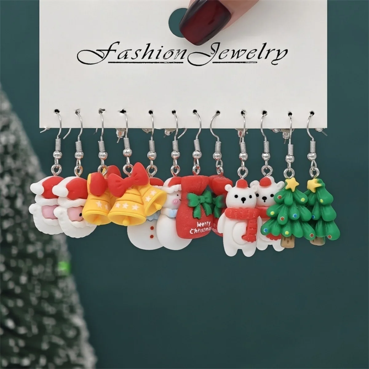 6 Paar/Set Weihnachts-Ohrringe aus Kunstharz mit Schleifen, Lebkuchenmann, Weihnachtsbaum, Schneemann, Pinguin, Weihnachtsmann für Damen, Weihnachtsschmuck – Detail 28