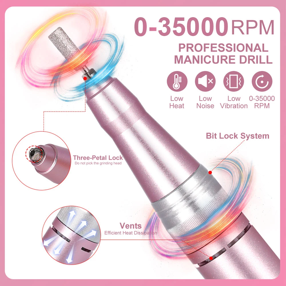 Professional Electric Nail File 35000RPM Electric Nail Drill Low Noise Nail Sander File for Gel Nail Polish Manicure Salon Tool