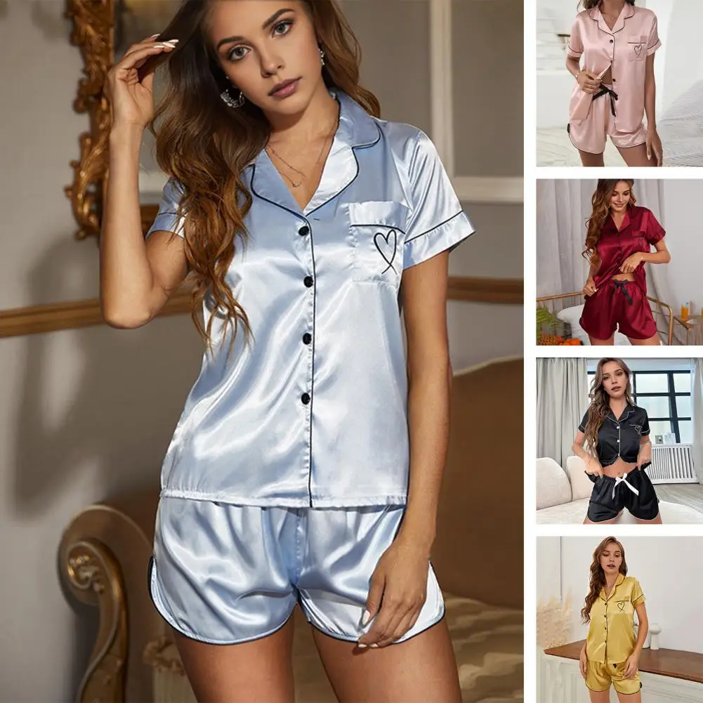 Women Two-piece Loungewear Set Elegant Silky Women's Summer Pajama Set Comfortable with Lapel Top Bow Decor Pants for Ladies