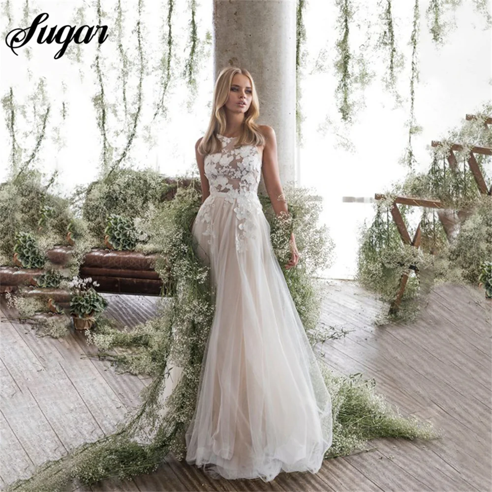 

Elegant Fairy Wedding Dress Summer 2024 A-Line Spaghetti Straps Appliques Tulle Sweep Train Bridal Gown Vestidos De Noiva