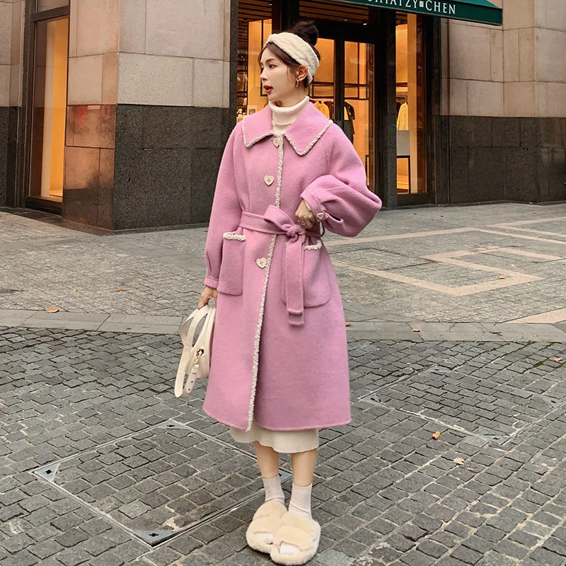 2023 Autumn And Winter New Korean Version Fashionable And Sweet Mid Length Thickened Wool Coat For Women