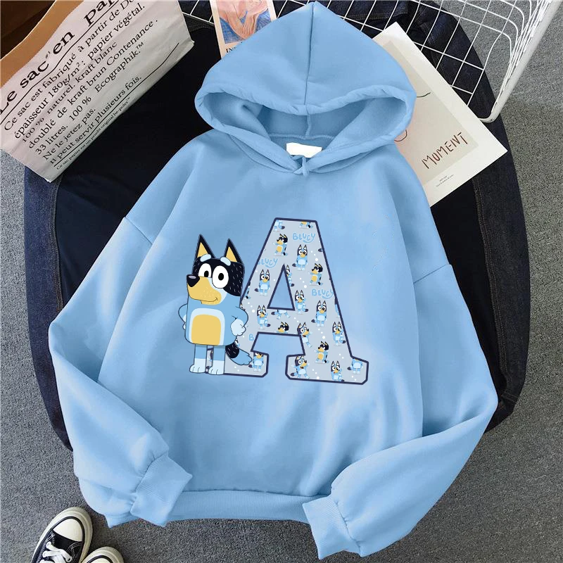 Blueyi Kids Hooded Sweatshirt Cartoon A-Z Letter Print Pullover Anime Winter Warm Top Kawaii Casual Children's Clothing Gifts