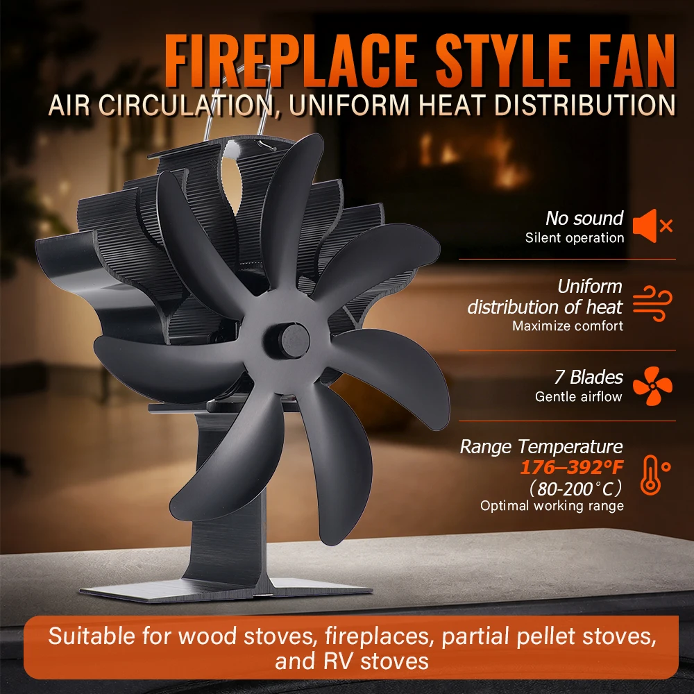 7 Blades Heat Powered Stove Fan Black Fireplace Fan Log Wood Burner Eco Quiet Fan Home Winter Heater Efficient Heat Distribution