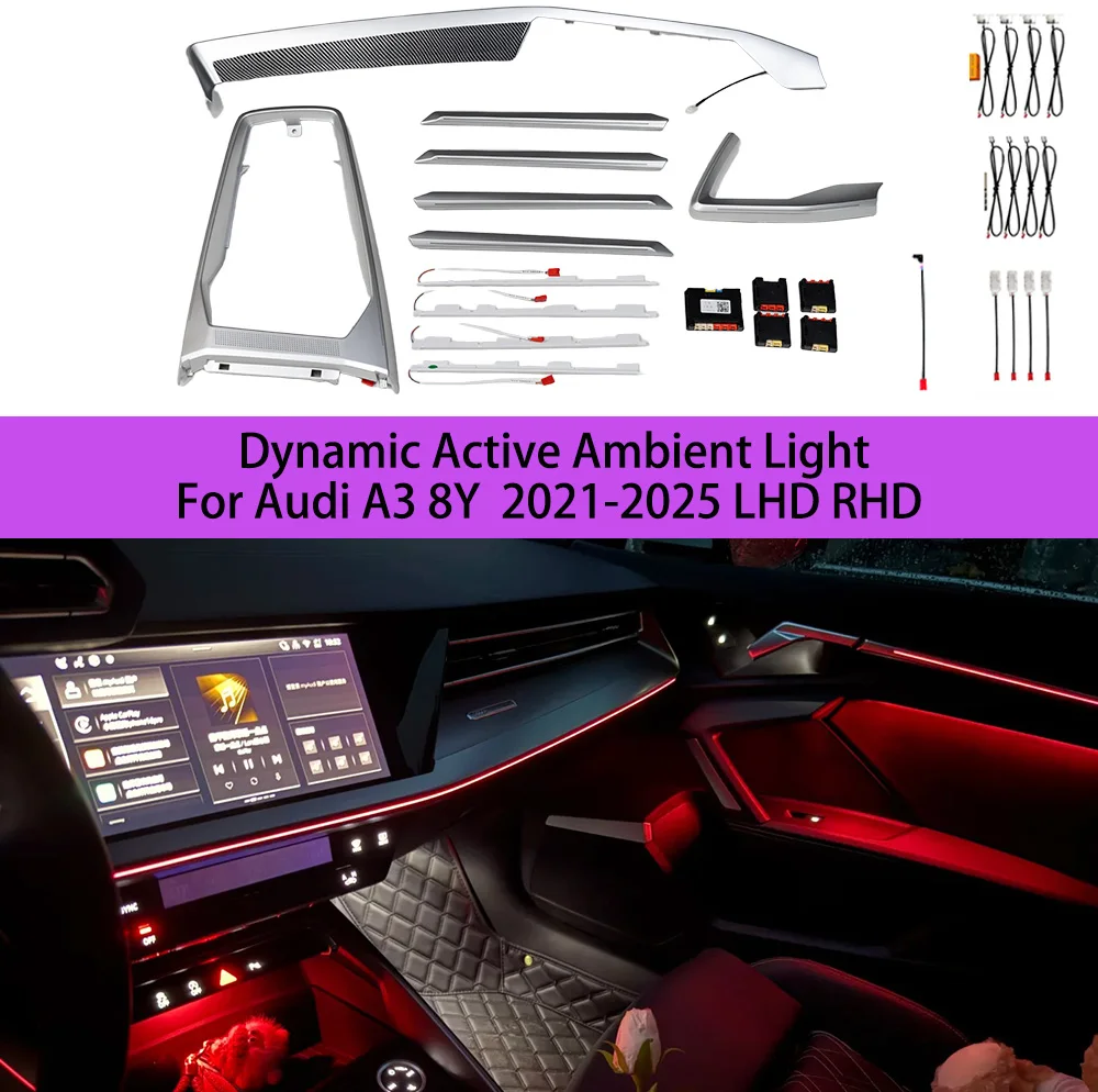 Dynamisches aktives Ambientelicht für Audi A3 8Y S3 RS3 2021-2025, Innenraumbeleuchtung, Atmosphärenlampe, MMI Bluetooth APP-Steuerung