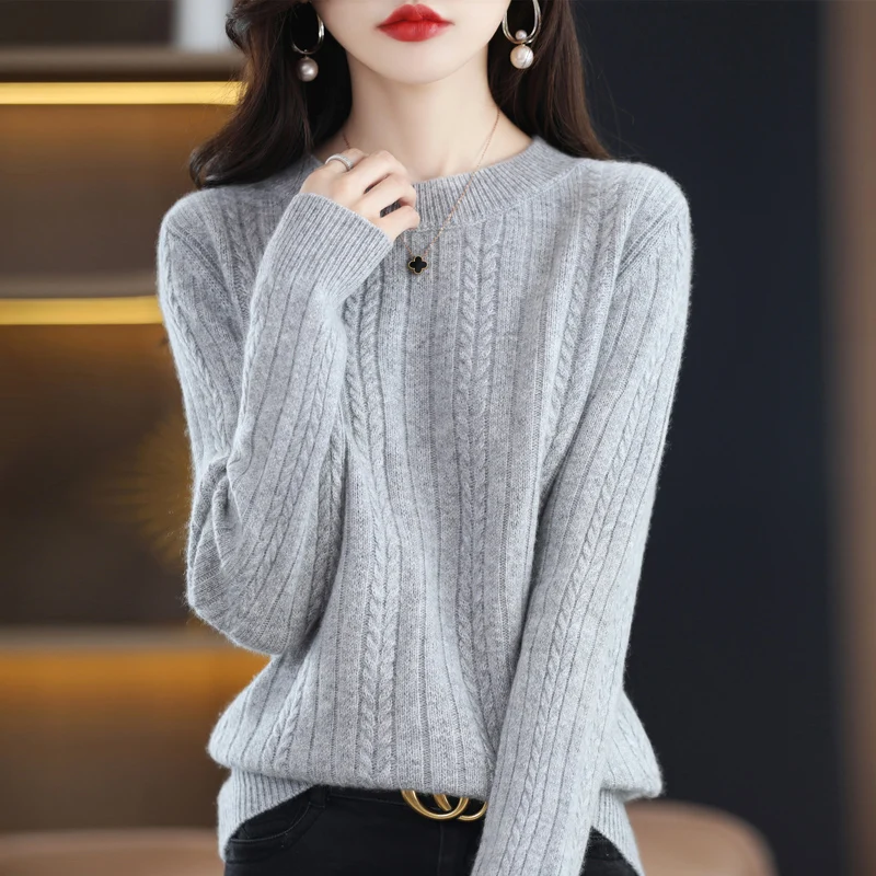 Women's Sweater Thickened Autumn And Winter Warm Pure Wool Round Neck Jacquard Loose Pullover Long-Sleeved Sweater 22 New Tops