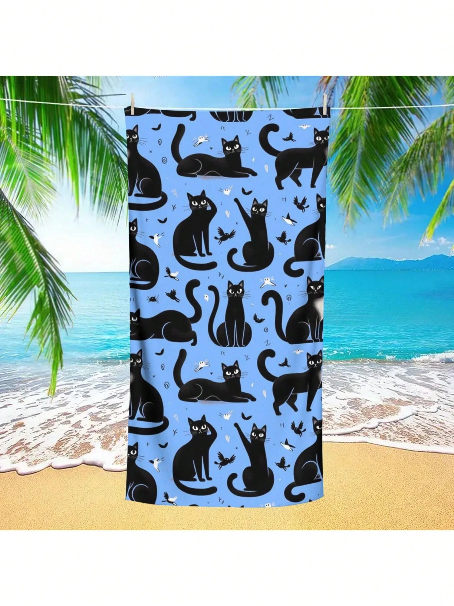 

1 шт. быстросохнущее пляжное полотенце с изображением черной кошки | Прочный полиэстер с 2D-печатью | Мягкое легкое полотенце для плавания/серфинга | Универсальный дорожный/