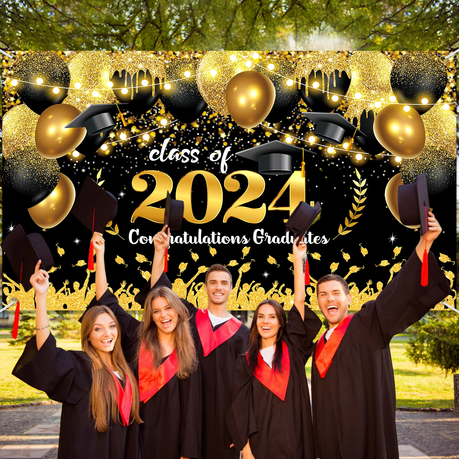 Class 2024 for Congrats Grad Banner Backdrop Decor Set for Graduation Party Supplies Black and Gold Graduation Banner.