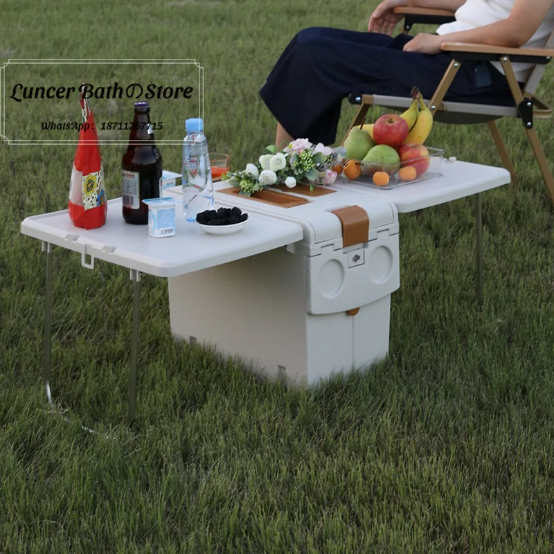 Camping Table and Storage Box 2 in 1, Foldable Cooler with Shoulder Strap, Portable Insulated Food Container for Outdoor